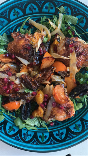 Sheet pan roasted chicken with dates, winter fruits and harissa by Alexandra's Table